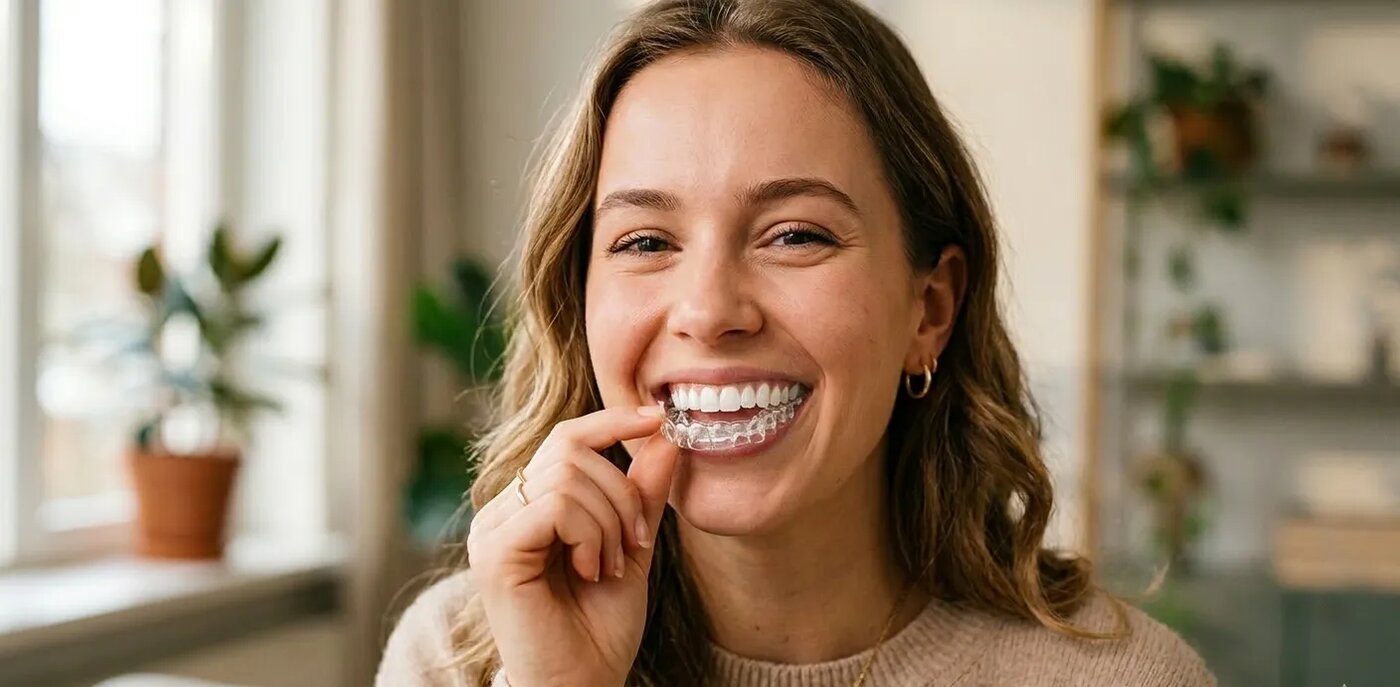 Smiling patient placing a clear Invisalign aligner